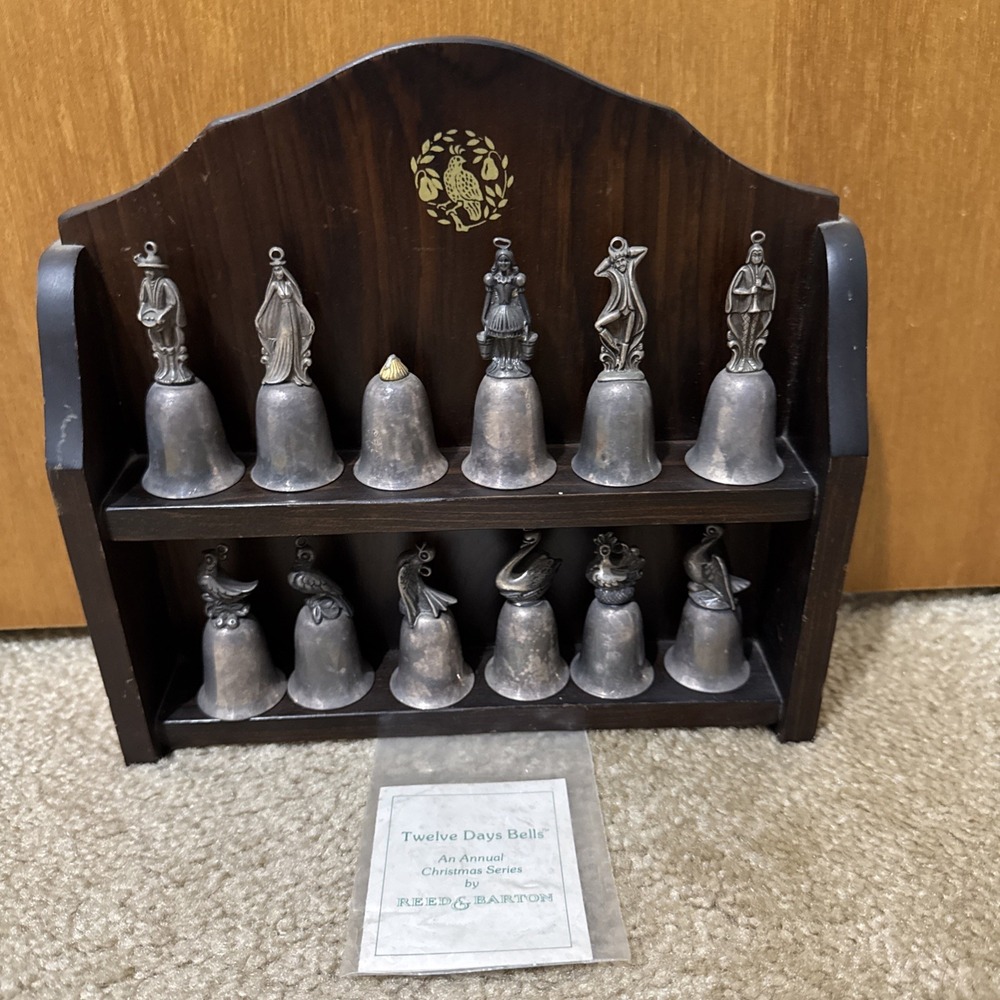 Reed & Barton Twelve Days of Christmas Silver Plated Bell Set W/Display -1 Broke